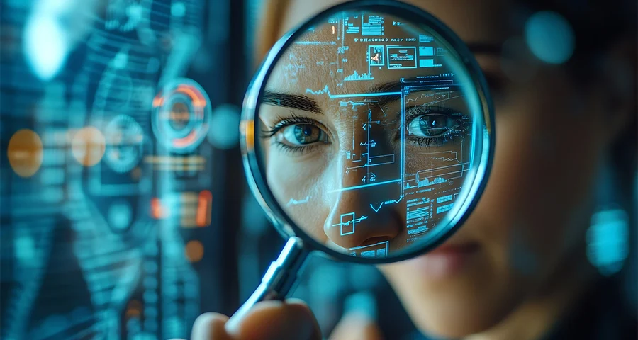 woman analyzing data looking through magnifying glass