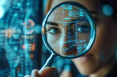 woman analyzing data looking through magnifying glass
