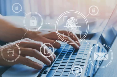 person typing on computer criminal background check icons