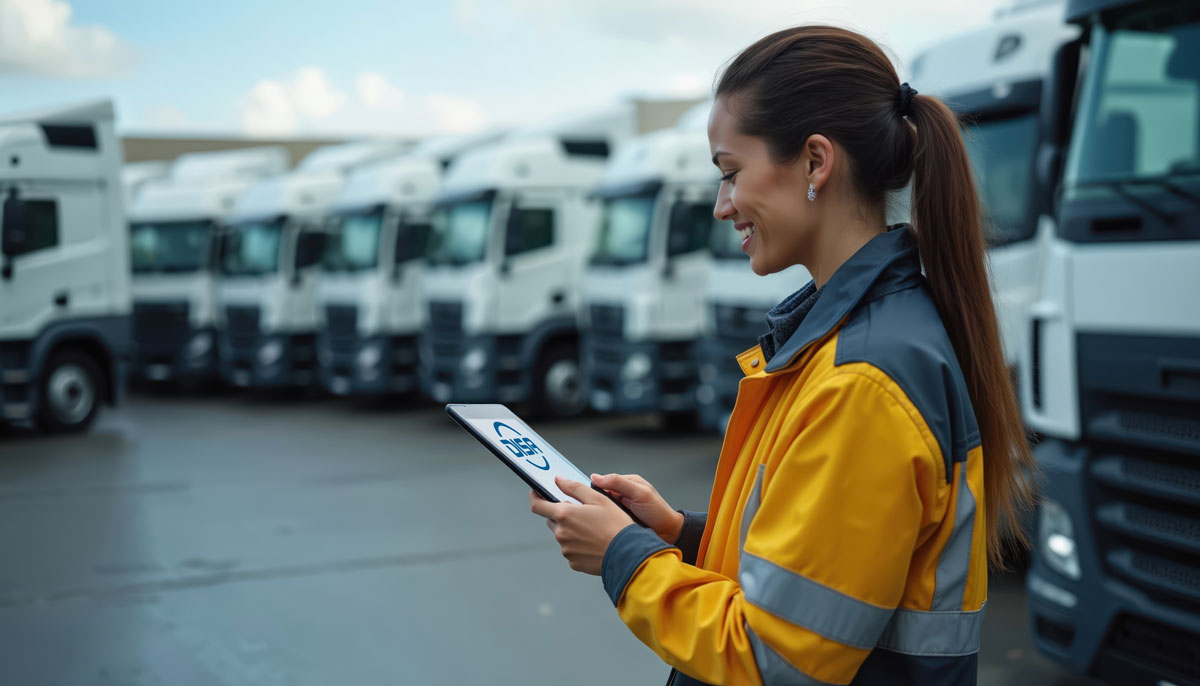 female transport yard manager updating fleet records on a tablet