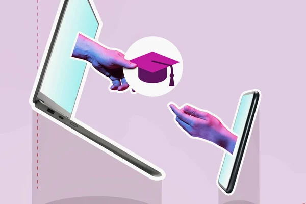 graphic showing a hand transferring a graduation cap from a laptop to a cell phone